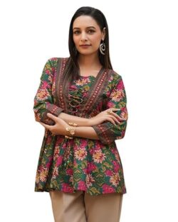 Women's Rayon V-Neck Printed Anarkali Short Kurti