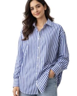 Women Blue White Vertical Striped Oversized Shirt Casual Button Down Long Sleeve Cotton Blend Everyday Wear Top