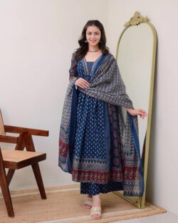 Women's Rayon Printed Anarkali Kurta and Pant with Dupatta Set