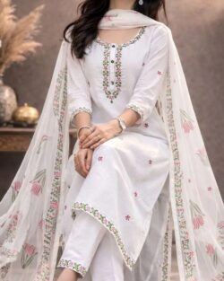 Round neck kurta $ trousers with dupatta