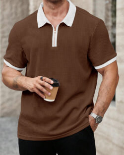 Self Design Polo Neck Polyester Brown, White T-Shirt