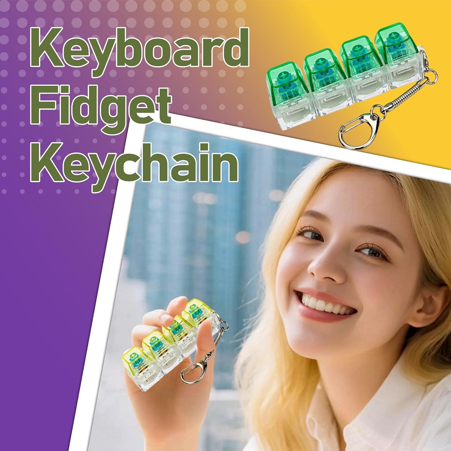 4in1 Keyboard Fidget Toy | LED Bass & Loud Clicker Stress Relief Keychain | Detachable Mechanical Switches, ASMR Sound, Anxiety Reliever Gadget | Office Desk Toy (AnyColor, Pack...