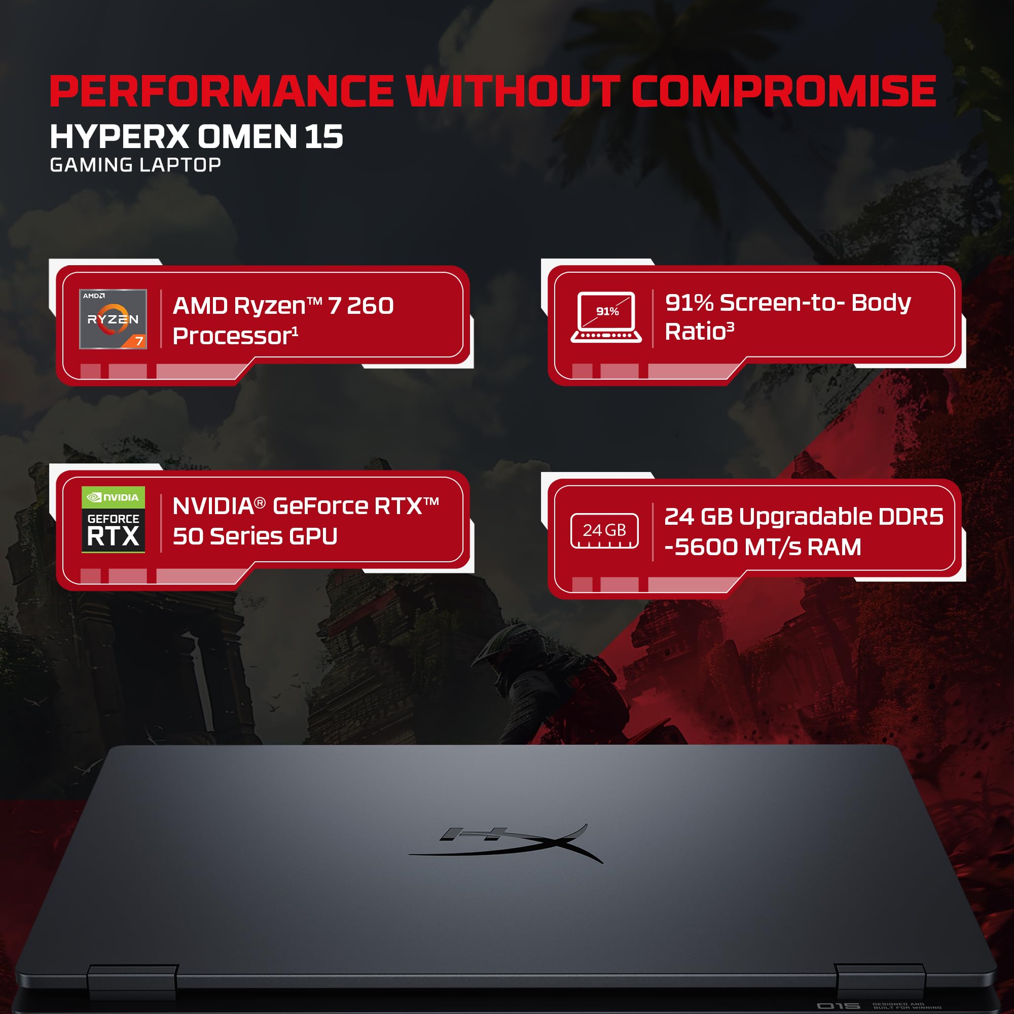 HP HyperX OMEN 15, AMD Ryzen 7 260, 8GB-RTX 5050, 24GB DDR5 (Upgradeable), 1TB SSD, 180Hz, 2.5K, 500 nits, 3ms resp time, 15.3''/38.9cm, Win11, Office24, Black, 2.42kg, gb0038AX, RGB, AI Gaming Laptop - Image 4