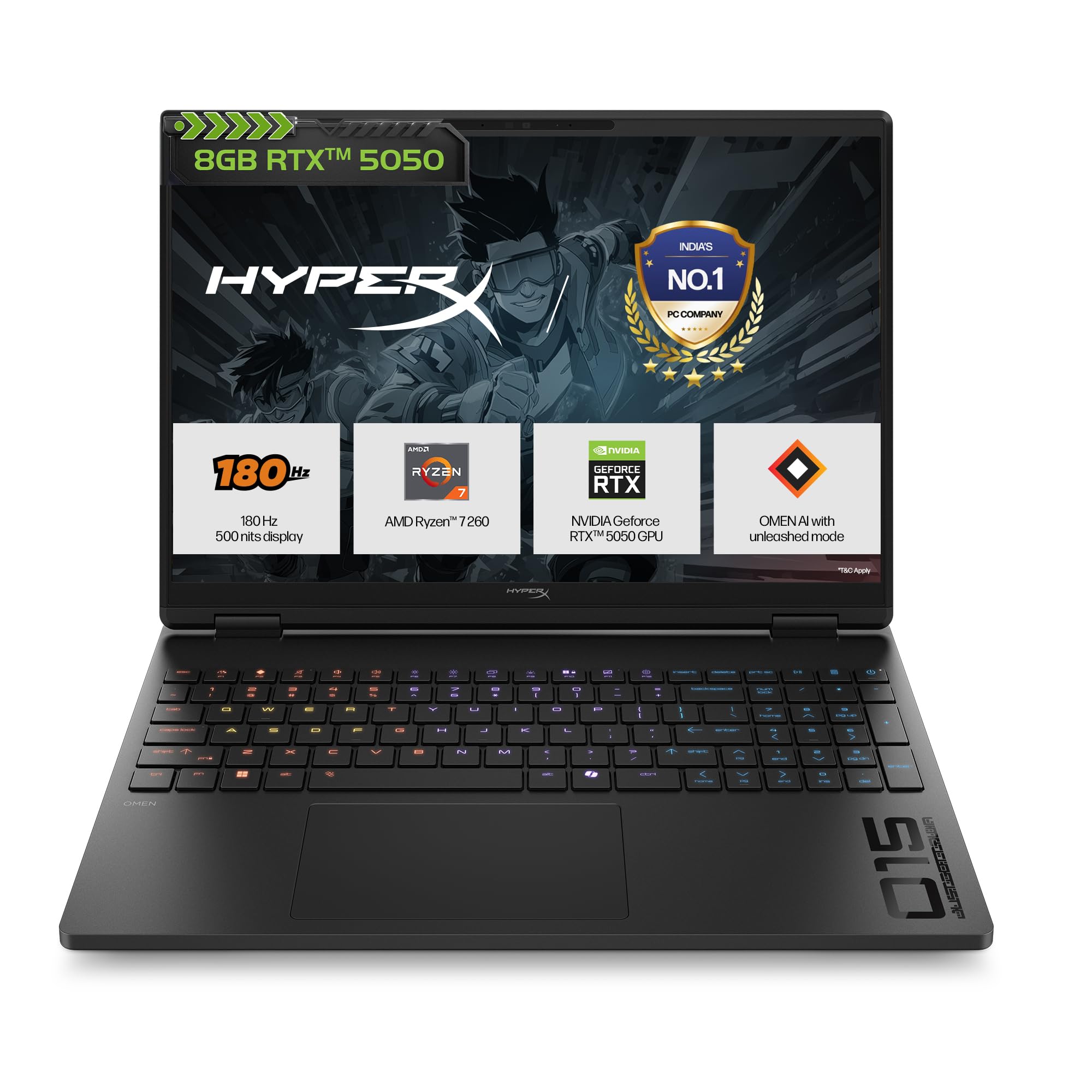 HP HyperX OMEN 15, AMD Ryzen 7 260, 8GB-RTX 5050, 24GB DDR5 (Upgradeable), 1TB SSD, 180Hz, 2.5K, 500 nits, 3ms resp time, 15.3''/38.9cm, Win11, Office24, Black, 2.42kg, gb0038AX, RGB, AI Gaming Laptop - Image 2