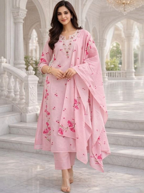 Anouk Women Floral Printed Regular Thread Work Chanderi Cotton Kurta with Trousers & With Dupatta