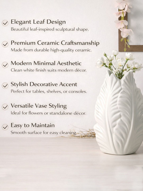 Art Street Elegant White Leaf Design Ceramic for Home Decor Flower Vase