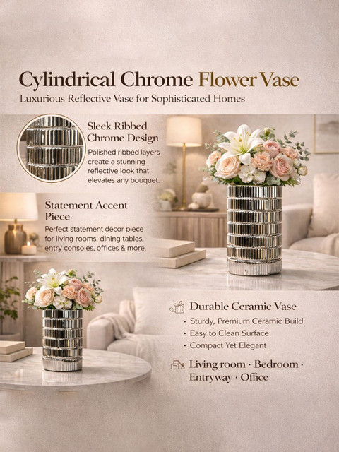 Art Street Modern Ribbed Silver Ceramic for Home Decor Flower Vase