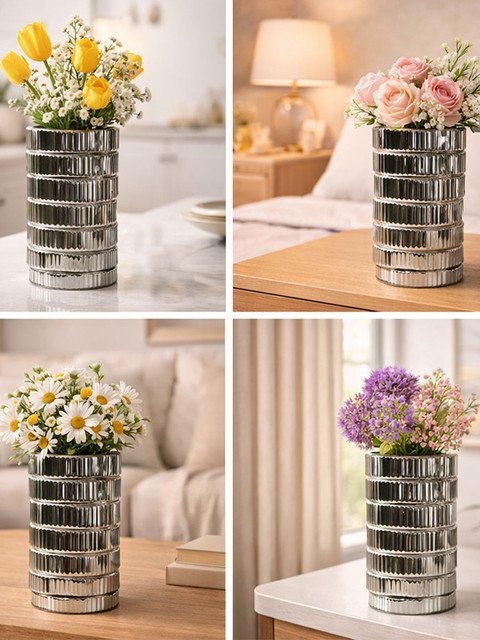 Art Street Modern Ribbed Silver Ceramic for Home Decor Flower Vase