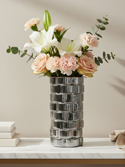 Art Street Modern Ribbed Silver Ceramic for Home Decor Flower Vase