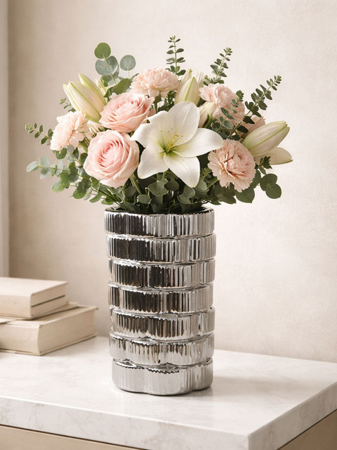 Art Street Modern Ribbed Silver Ceramic for Home Decor Flower Vase
