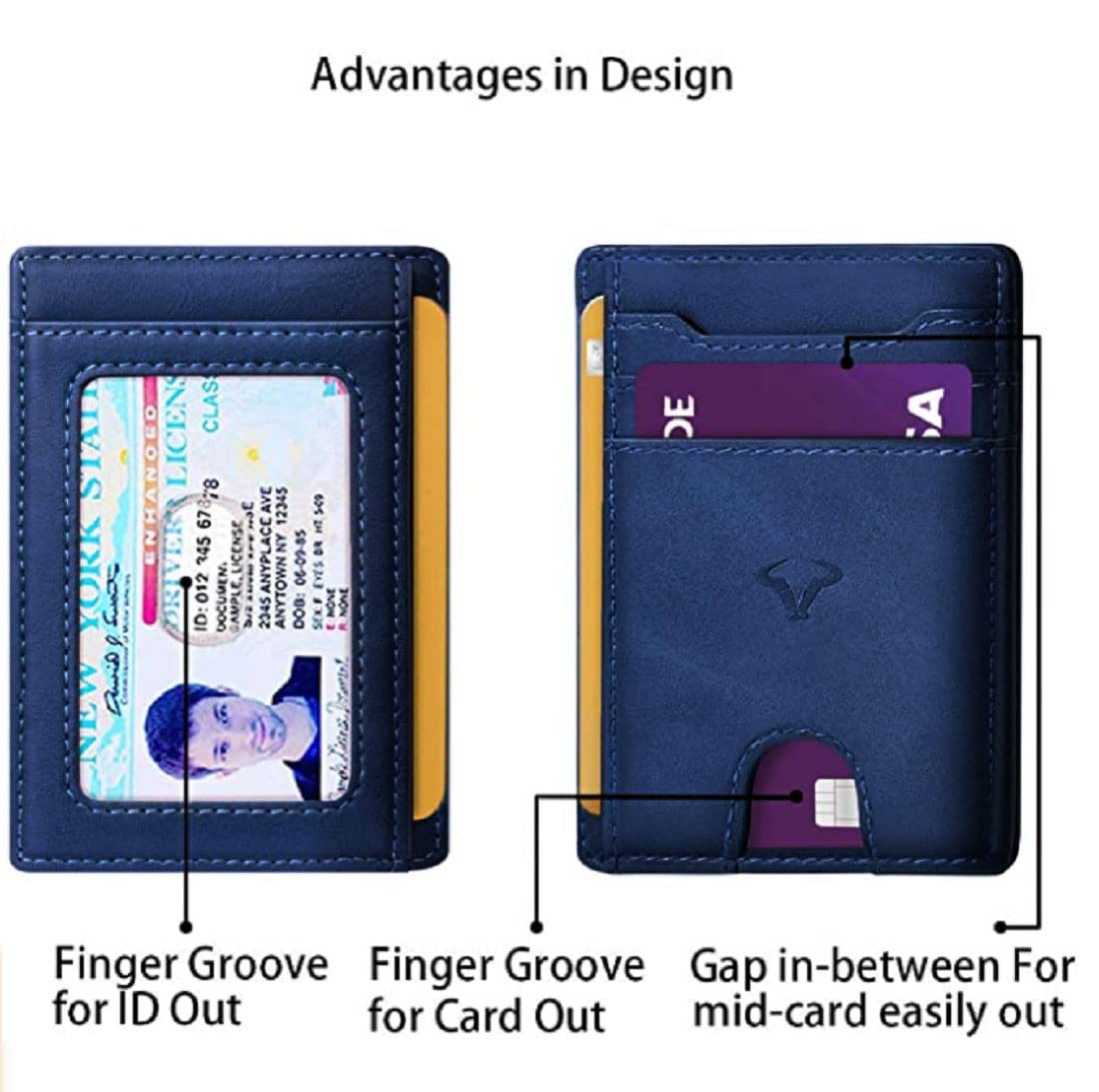 Contacts Genuine Leather Slim Wallet | RFID Blocking Skinny Minimal Thin Front Pocket Wallet Sleeve Card Holder for Men | Up to 7 Card Slots Including 1 ID Window (Blue)