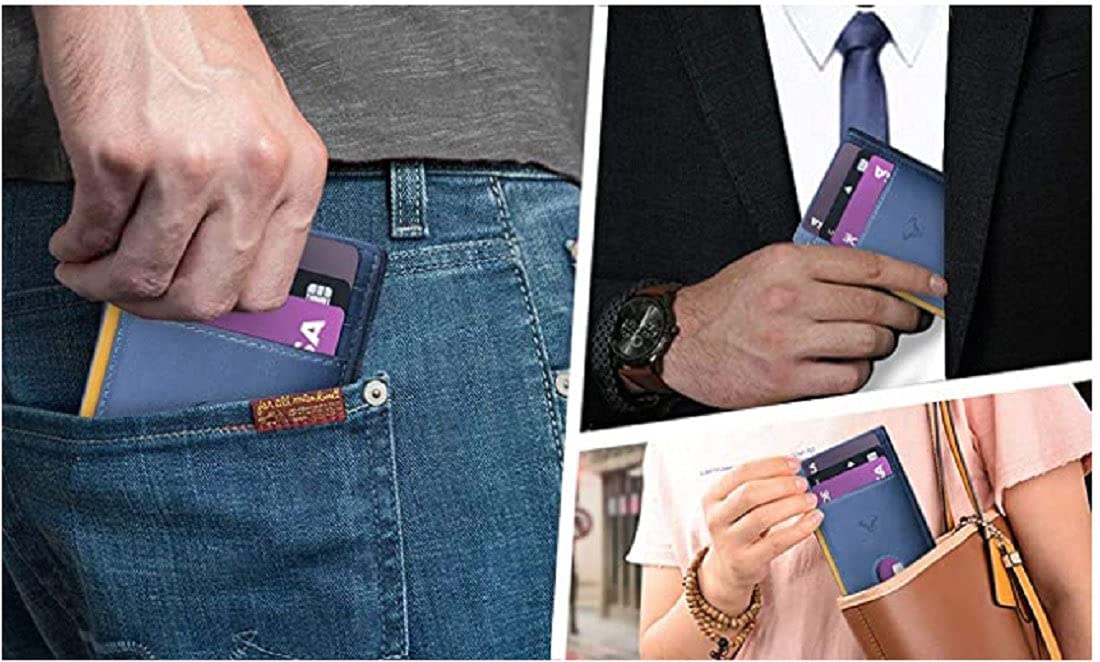Contacts Genuine Leather Slim Wallet | RFID Blocking Skinny Minimal Thin Front Pocket Wallet Sleeve Card Holder for Men | Up to 7 Card Slots Including 1 ID Window (Blue)