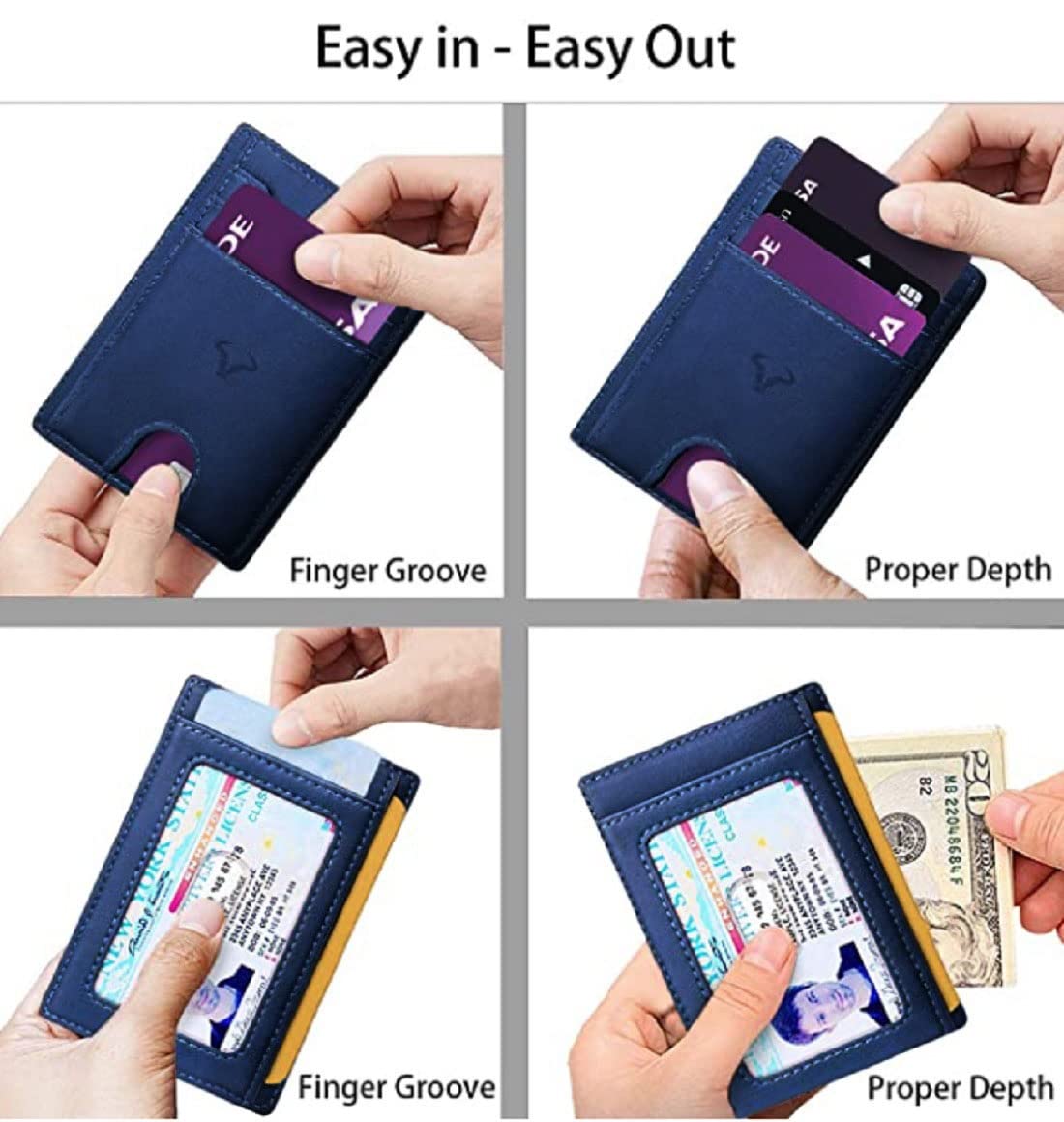 Contacts Genuine Leather Slim Wallet | RFID Blocking Skinny Minimal Thin Front Pocket Wallet Sleeve Card Holder for Men | Up to 7 Card Slots Including 1 ID Window (Blue)
