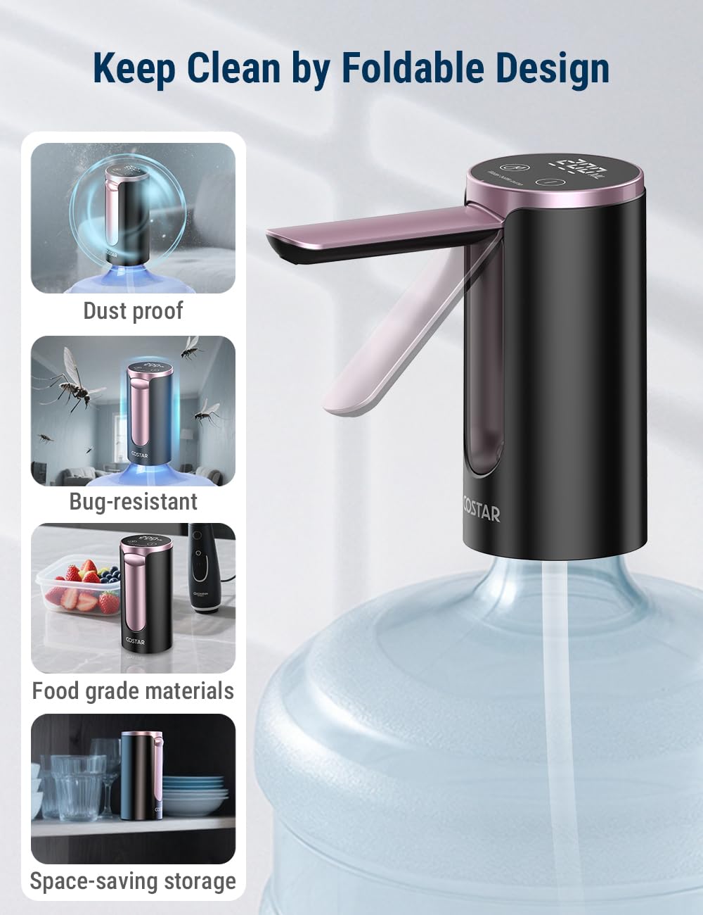 COSTAR Portable Wireless Water Dispenser Pump for 20 Litre Bottle, Automatic Water Pump with Led Digital Display, Water Dispenser Smart Touch, Rechargeable Battery, Foldable,...