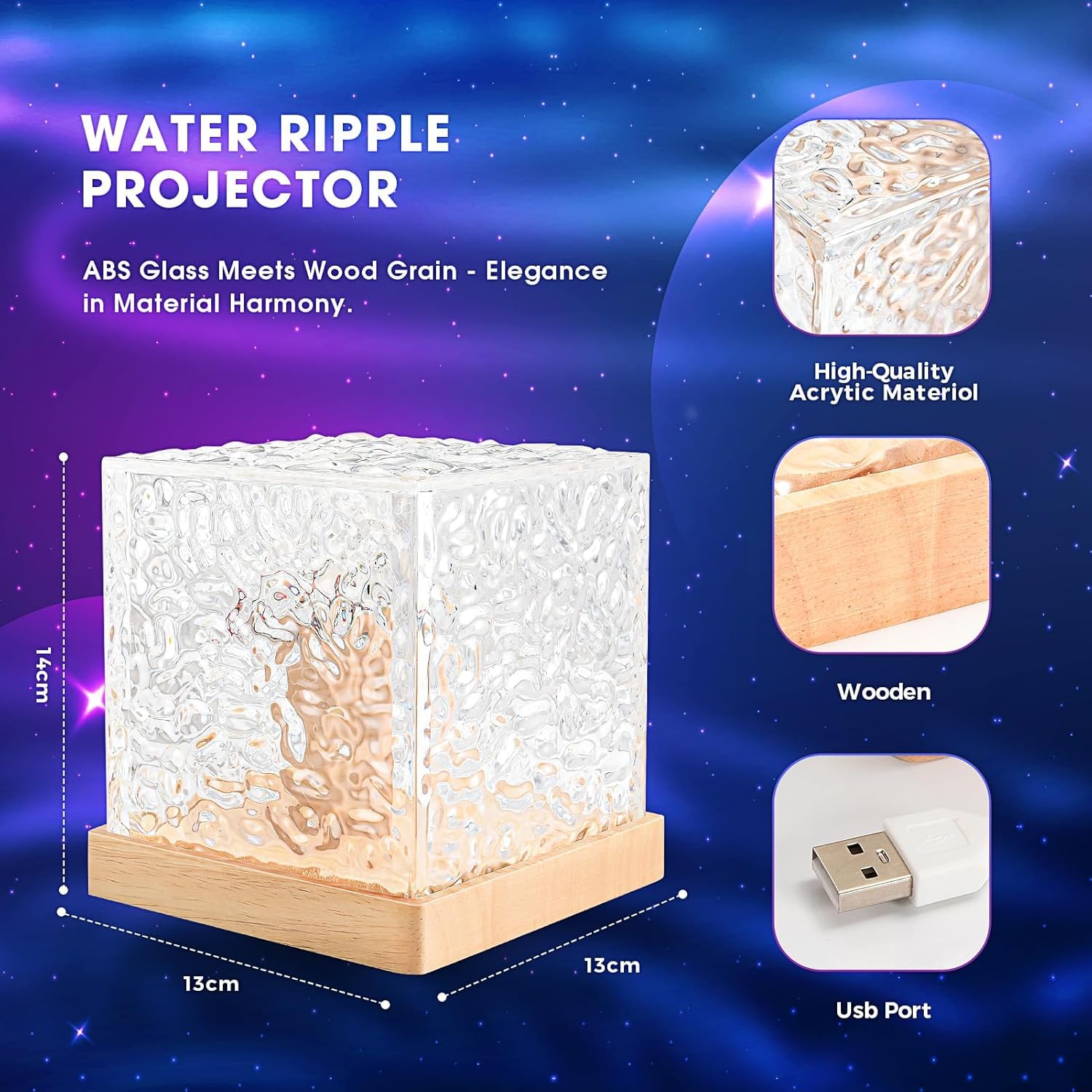 DOCAT 3D Ocean Wave Effect Night Light for Bedroom, 16 Colors Gradual Rotating LED Projection Lamp Projector, Crystal Table Lamp with Remote Control