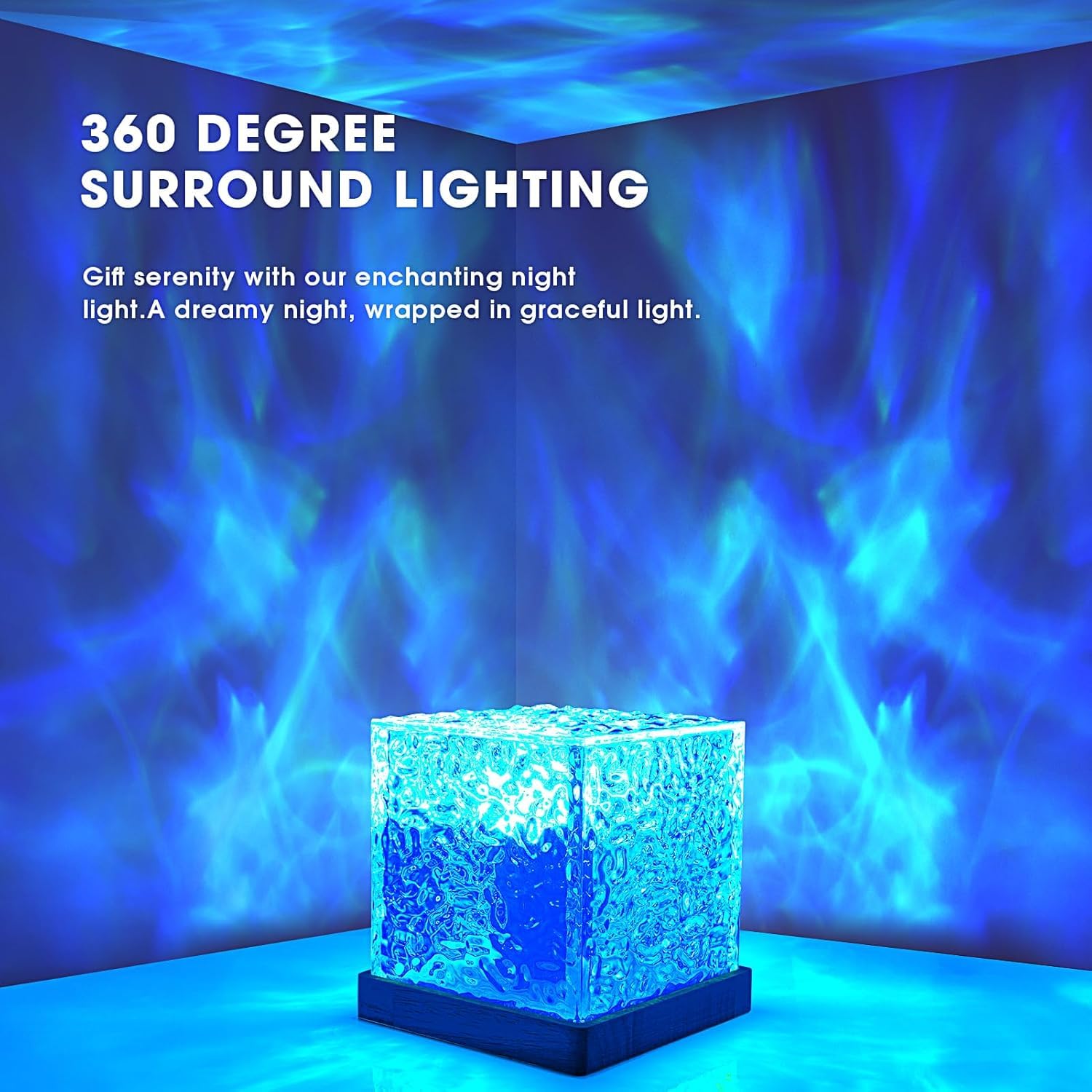 DOCAT 3D Ocean Wave Effect Night Light for Bedroom, 16 Colors Gradual Rotating LED Projection Lamp Projector, Crystal Table Lamp with Remote Control