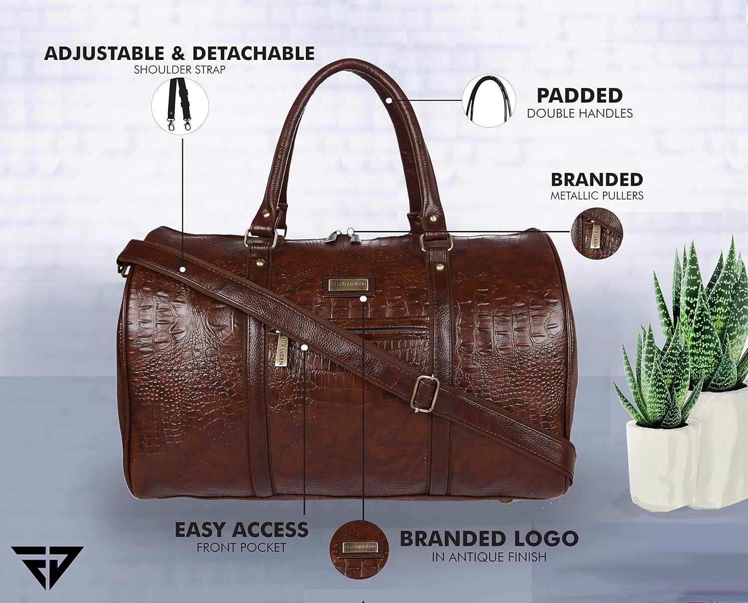 Fur Jaden Brown Textured Leatherette Stylish & Spacious Weekender Duffle Bag for Travel for Men and Women
