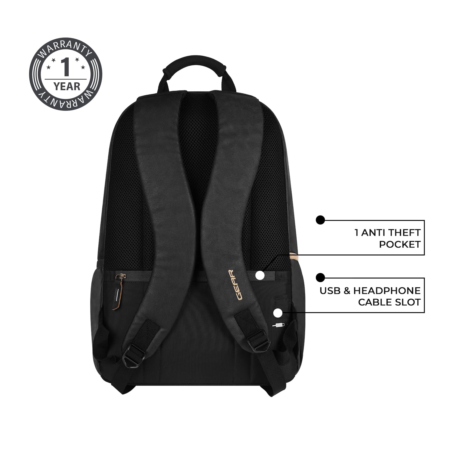 Gear Classic Anti Theft Faux Leather 14 cms Black Laptop Backpack (LBPCLSLTH0101)