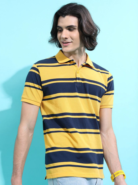 HIGHLANDER Men Striped Polo Collar Slim Fit T-shirt
