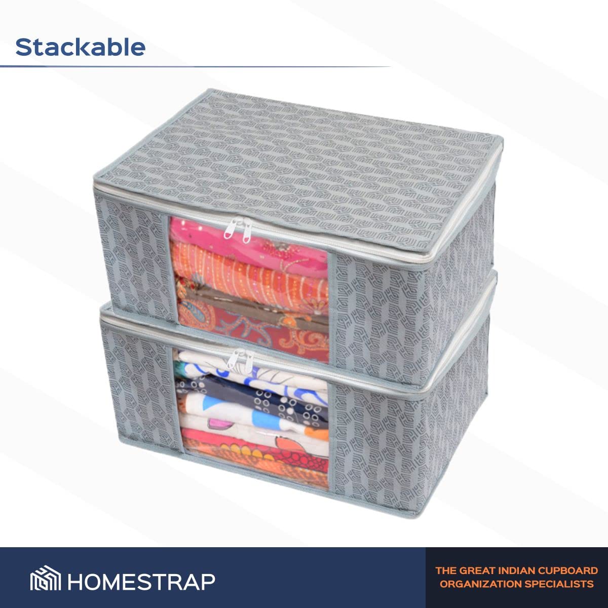 HomeStrap Set Of 12 Non-Woven Printed Saree Cover/Cloth Storage/Organizer With Transparent Window(Grey)(Featured On Shark Tank),33 Cm,22 Cm