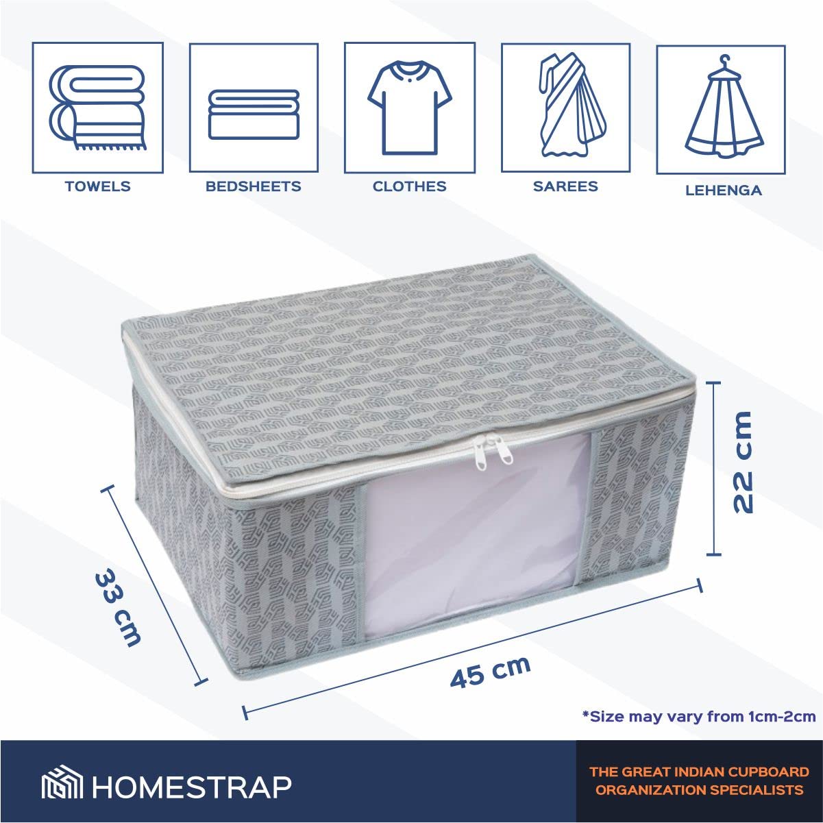 HomeStrap Set Of 12 Non-Woven Printed Saree Cover/Cloth Storage/Organizer With Transparent Window(Grey)(Featured On Shark Tank),33 Cm,22 Cm