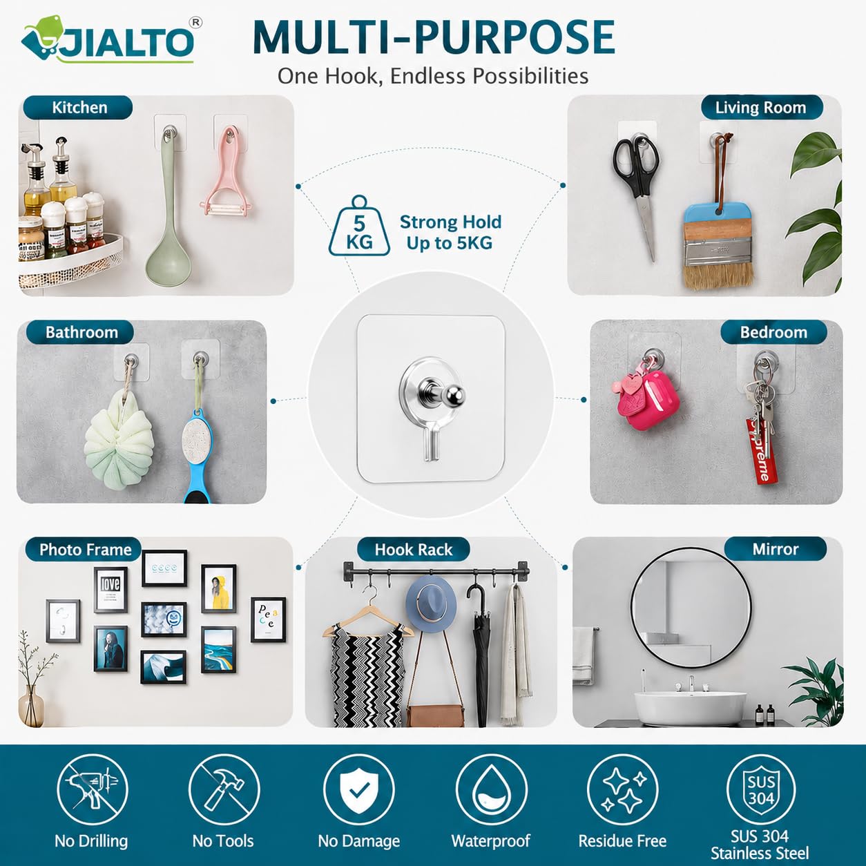 JIALTO Wall Hooks for Hanging Strong, Adhesive Hooks for Wall Heavy Duty, Wall hangings, Kitchen Accessories Items, Sticky Photo Frame Hangers (Pack of 20, Nail Hook)