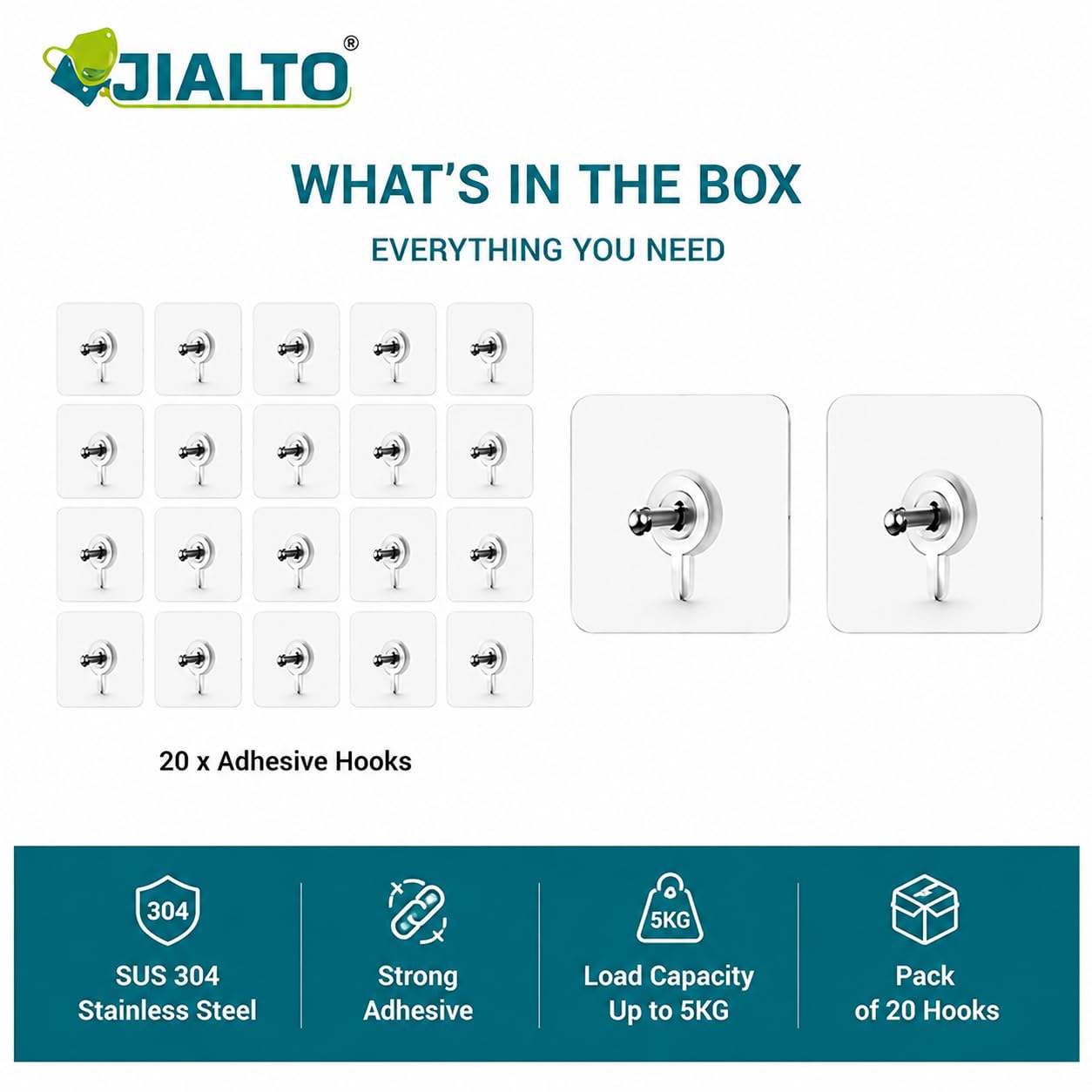 JIALTO Wall Hooks for Hanging Strong, Adhesive Hooks for Wall Heavy Duty, Wall hangings, Kitchen Accessories Items, Sticky Photo Frame Hangers (Pack of 20, Nail Hook)
