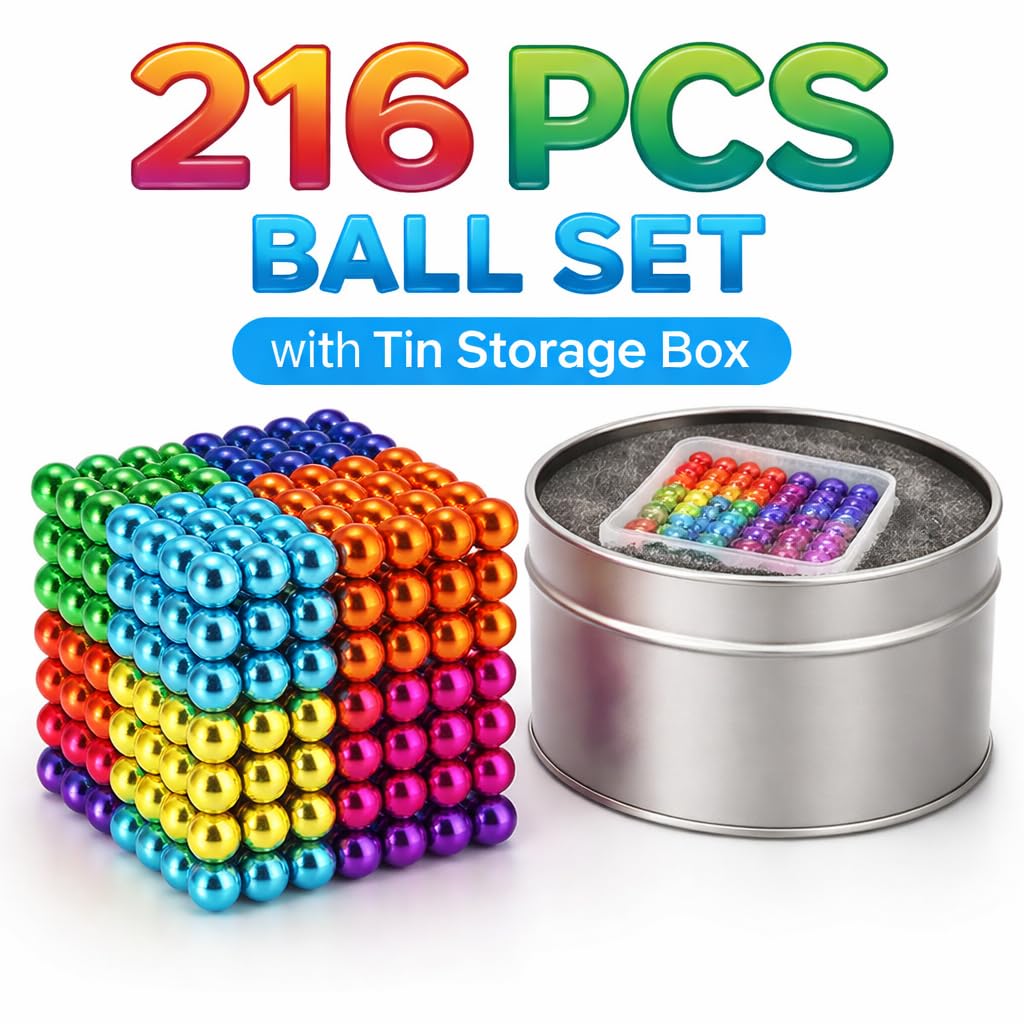 Magnetic Balls New Trending 216 Pcs Ball Toys for Kids - New Trending 6x6 Cube with 6 Colors 5mm Balls with Metal Storage Tin with Rainbow Color Magnetic Pen, Fidget Cool Gadget...