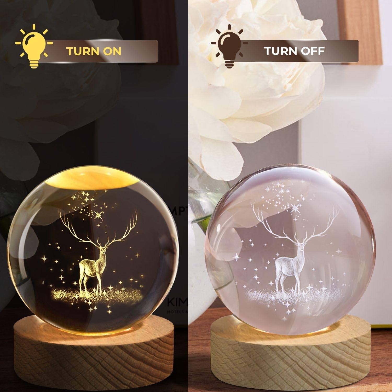 One94Store 3D Engraved Deer Crystal Globe Lamp | USB LED Night Light with Wooden Base | Creative 6 cm Crystal Ball Table Lamp for Bedroom, Home, Office Décor & Gifting (Warm White)