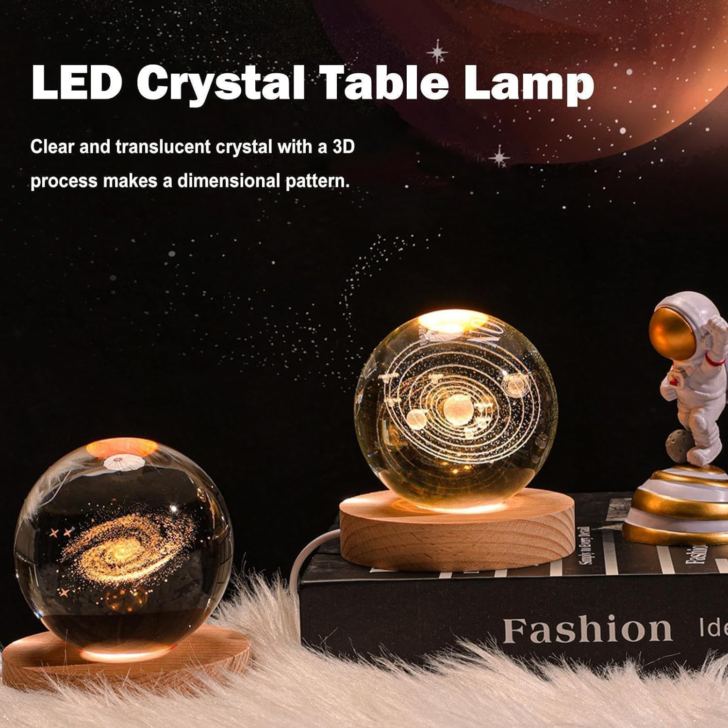 One94Store 3D Solar Planet Crystal Ball LED Night Lamp, Creative Engraved Night Light Wooden Base, Warm White Decorative Table Lamp for Home, Office, Bedroom, Birthday Gift...