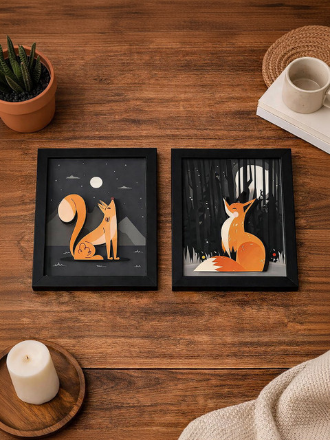 Random Synthetic Wood 3D Cat Wall Art Set of 2 Rectangular Framed Home Decor 28 cm