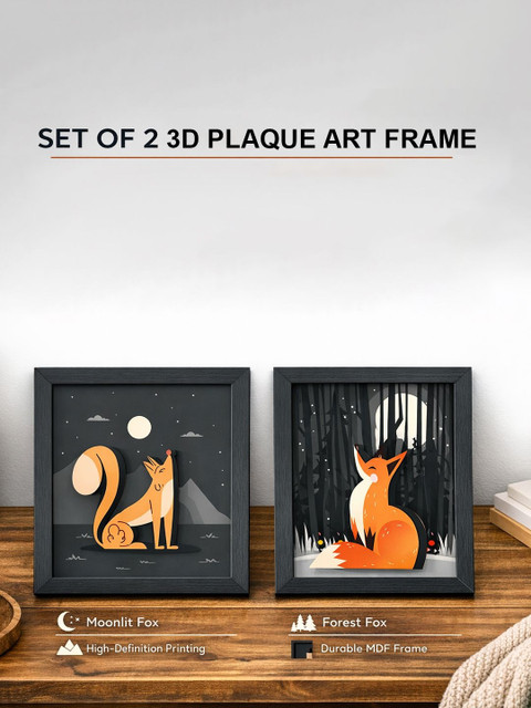 Random Synthetic Wood 3D Cat Wall Art Set of 2 Rectangular Framed Home Decor 28 cm