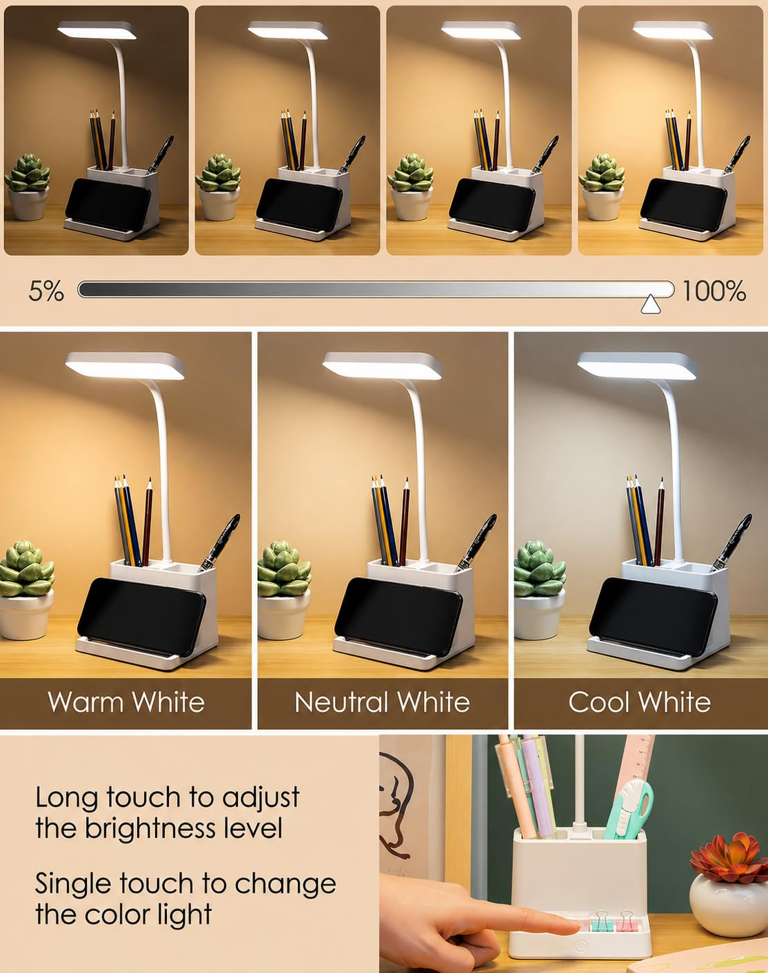 SaleOn Rechargeable Stable Desk Lamp with USB Cable | 3 Color Modes | 6 Month Warranty | Mobile Holder | Eye Protection | Study & Reading Table Lamp | Touch Control |...