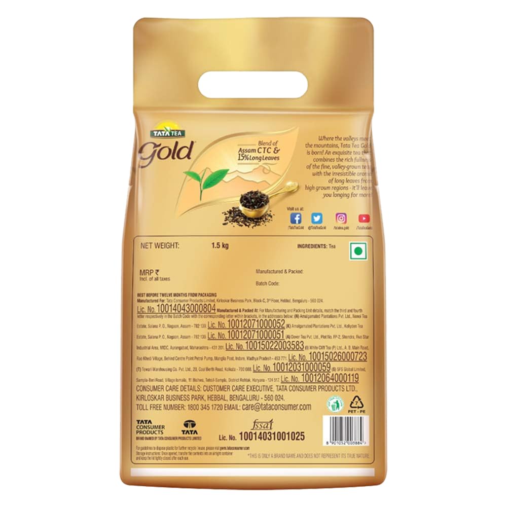 Tata Tea Gold, Assam teas with Gently Rolled Aromatic Long Leaves, Rich & Aromatic Chai, Black Tea, 1.5kg