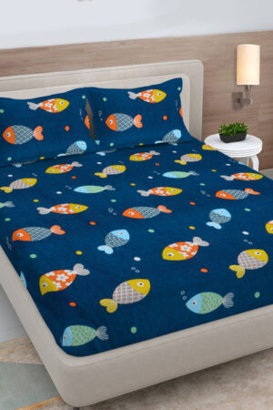 FABINALIV Blue Cartoon Print Polycotton 300 TC Fitted King Bedsheet with 2 Pillow Covers