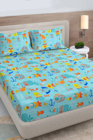 FABINALIV Rose Garden Blue Polycotton 300 TC King Bedsheet with 2 Pillow Covers