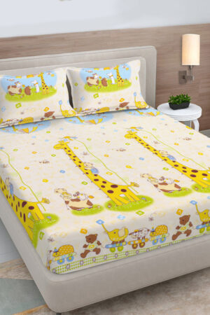 FABINALIV Yellow Cartoon Print Polycotton 300 TC Fitted King Bedsheet with 2 Pillow Covers