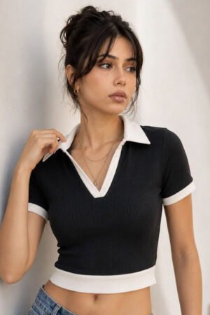 FBAR Women Waffle Knit Polo Slim Fit Casual Top