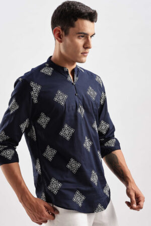 HERE&NOW Floral Embroidered Mandarin Collar Cotton Short Kurta