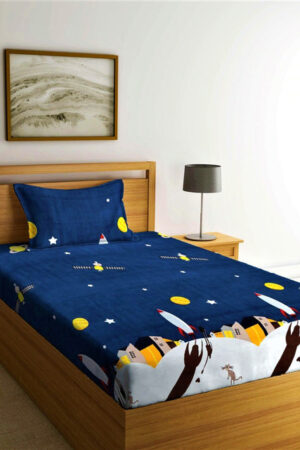 Home Sizzler Blue Cartoon Characters Cotton 210 TC Fitted Single Fine Bedsheet with a Pillow Cover-59 x 91 inches