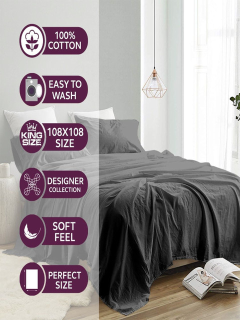 Sangria Black 300 TC King Double Bedsheet With 2 Pillow Covers-2.74 m x 2.74 m