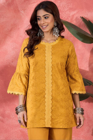 Sangria Floral Embroidered Pure Cotton Round Neck Kurtis