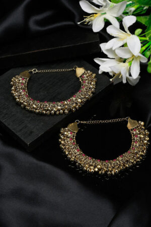 Sangria Set Of 2 German Silver Gold-Plated Oxidised Tribal Anklets