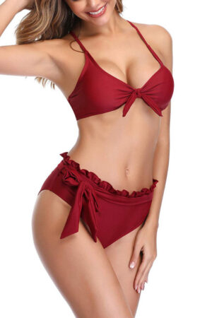 SweetFlirt Enterprises Women Red Bikini Set with Ruffled High-Waist Bottoms