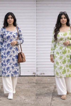 shyam club Women Printed Cotton Blend Straight Kurta (Light Green)!