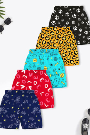 YK X Trampoline Pack Of 5 Kids Graphic Printed Mid-Rise Cotton Shorts