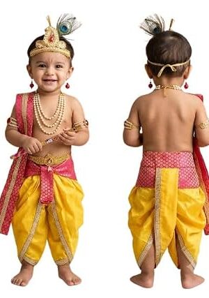 Krishna Dress for Baby Boy Kids Janmashtami Costume | Dhoti & Patka Included, Mukut & Morpankh, Bansuri & Kamarband, Bajuband & Kundal, 8-Piece Set
