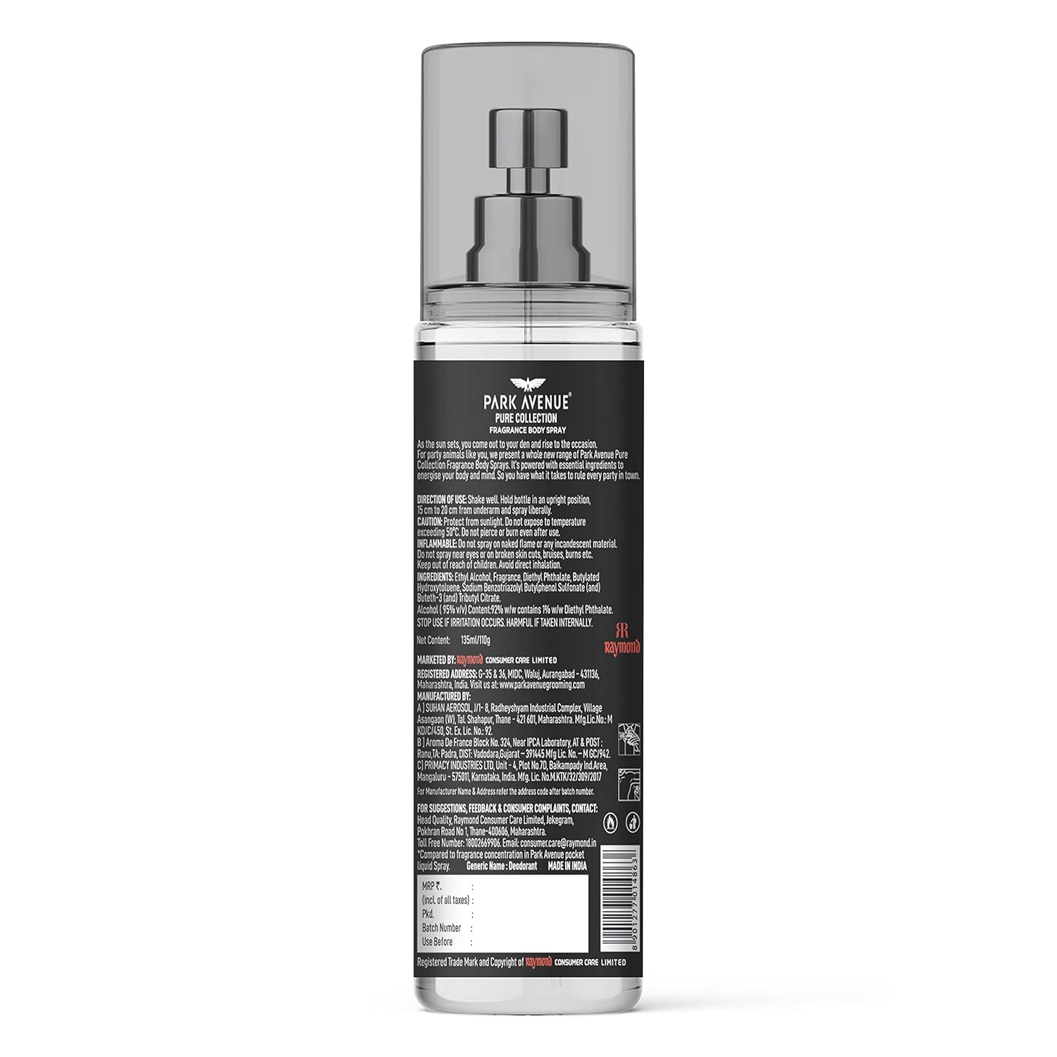 Park Avenue Pure Collection Trance Fragrance Body Spray for Men, 135ml