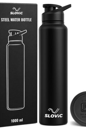 SLOVIC Steel Water Bottle 1 Ltr | Sports Water Bottle with Sipper Cap | 100% BPA Free & leak-Proof | Sipper Bottles for Adults | Ideal for Gym, Sports & Camping | Black